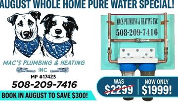 Plumbing ad featuring dogs and water system discount.