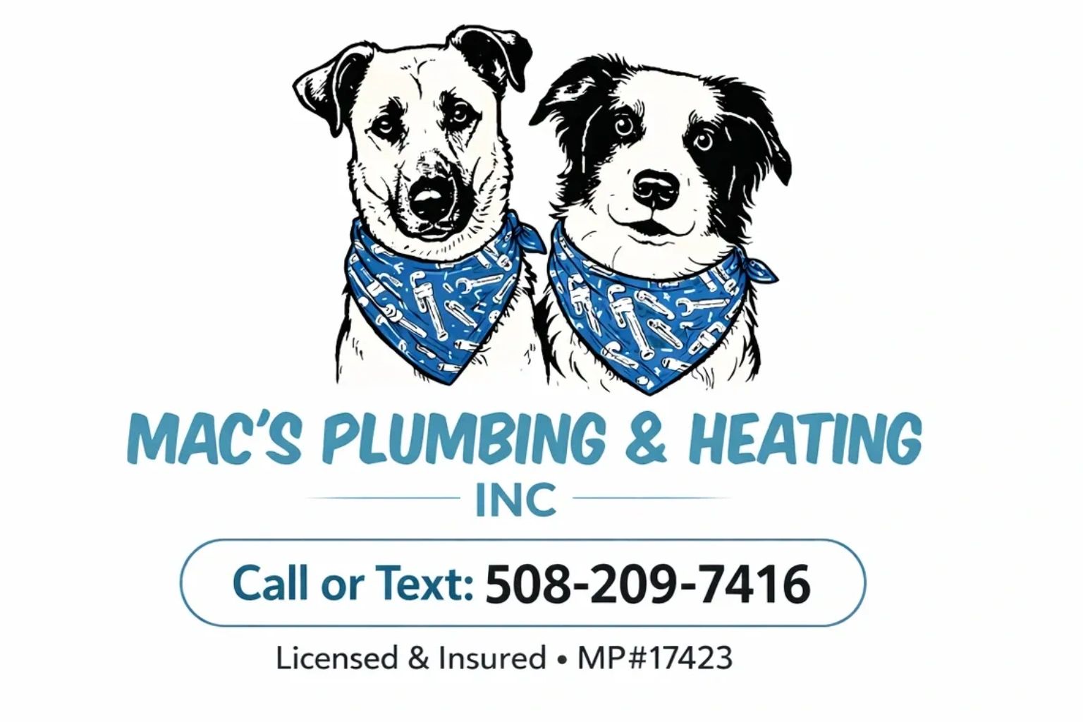 Logo of Mac's Plumbing & Heating featuring two dogs with blue tool-patterned bandanas.