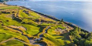 Aerial view of a golf course by the water.