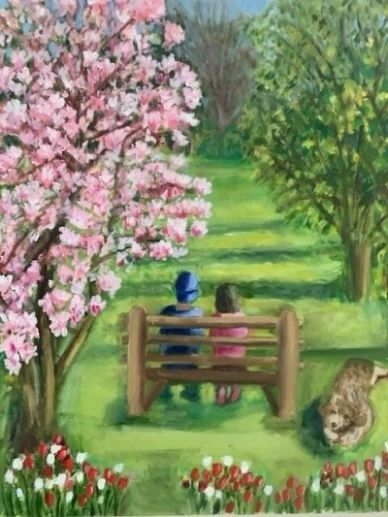 Children sitting on a bench in a garden with blooming trees and a dog.