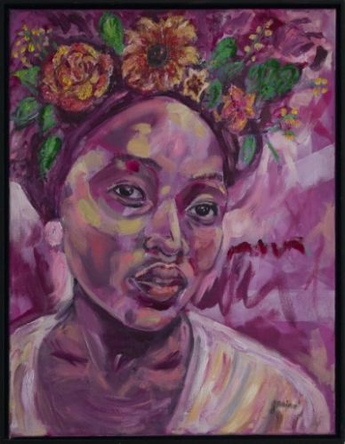 Abstract portrait of a woman with floral headpiece.
