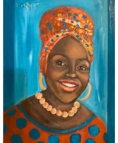 Portrait painting of a smiling woman in colorful traditional attire.