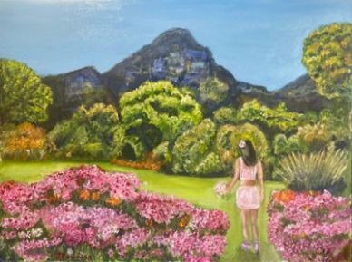 A woman in a pink dress walking through a colorful garden towards mountains.