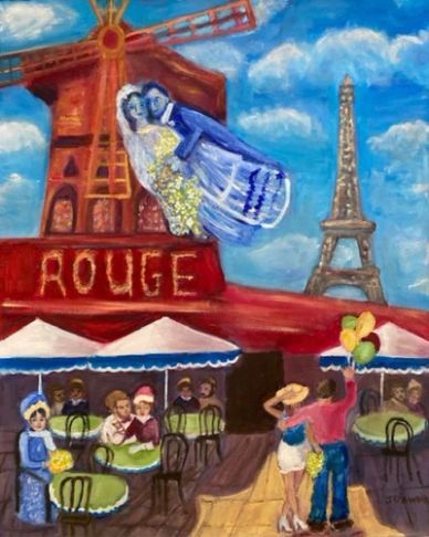 Painting of a Parisian scene with Moulin Rouge and Eiffel Tower.