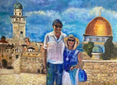 Painting of a couple with an ancient city and domed building in the background.