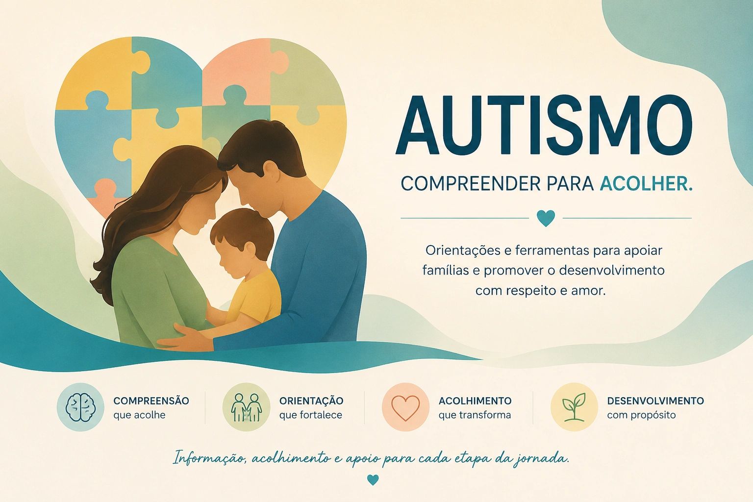 Ilustração de uma família unida com quebra-cabeças em forma de coração representando autismo e apoio familiar.