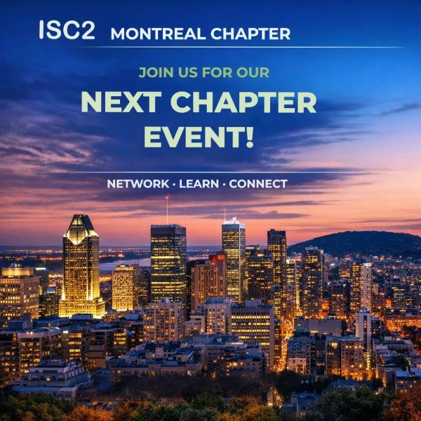 ISC2 Montreal Chapter's next event invitation with city skyline at dusk.