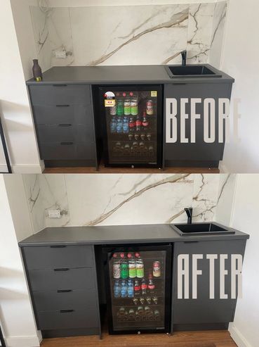 Before and after images of a kitchen countertop with a drawer door replaced.