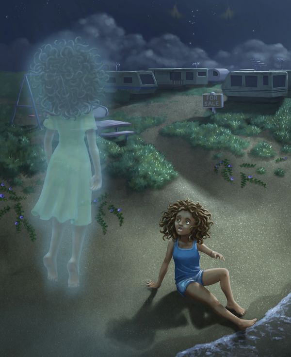 A young lady sitting on the beach at night looking up at the ghost of a past relative.