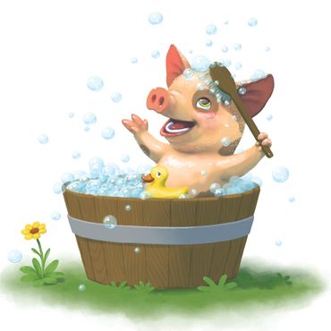 Pig in a bath, scrubbing with lots of bubbles and a rubber duck