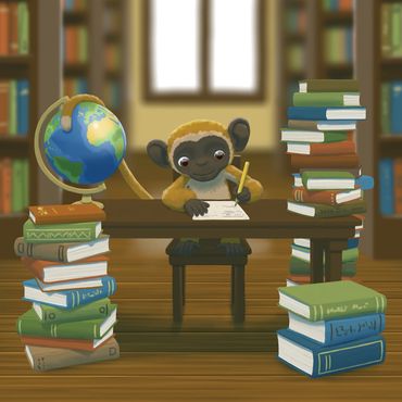 Monkey studying at a desk in a library with piles of books