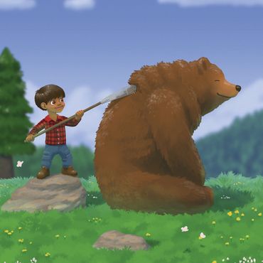 Boy using a rake to scratch a large bear's back while out in the wilderness.