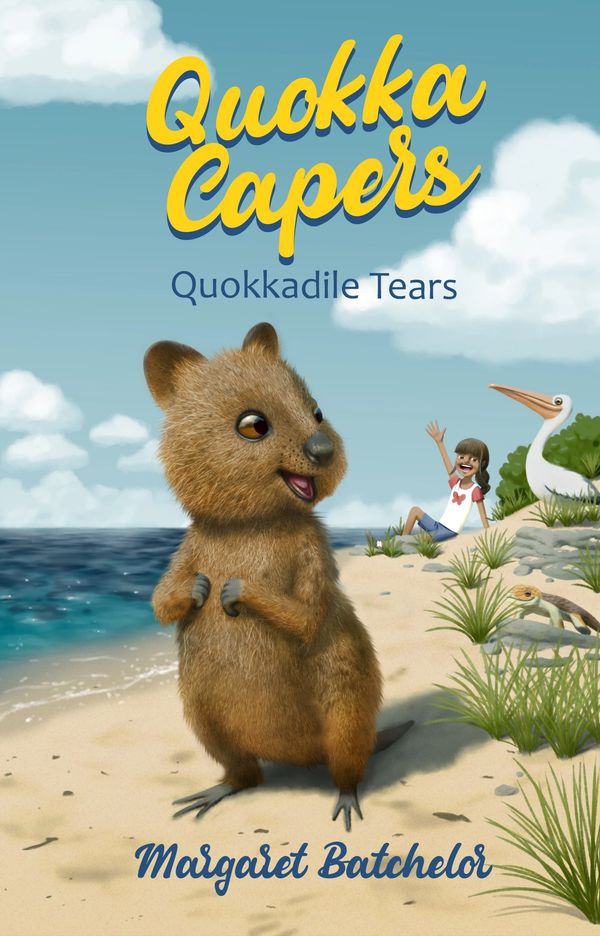 Book cover.  A happy quokka standing on a beach.  A girl, pelican, and lizard are in the distance.