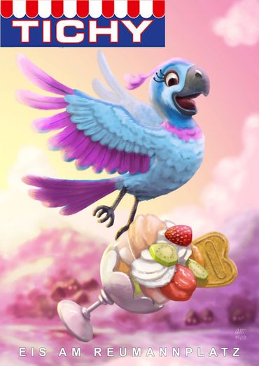 Poster.  A happy cartoon parrot fling through the pink sky carrying an ice-cream sundae.