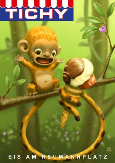 Poster. A cute little monkey sitting on a branch in the forest, holding an ice-cream in their tail.