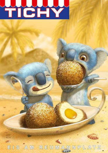 Poster.  Cute little Koalas eating giant ice-cream on a beach.