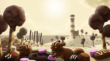 Bathing creatures in a fantasy land where everything is made of chocolate and candy.