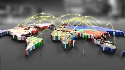 3D world map with country flags connected by glowing network lines.