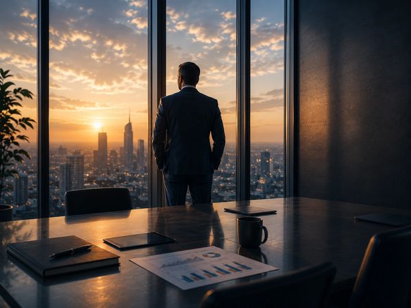 Businessman in suit looking at city skyline during sunset from office.