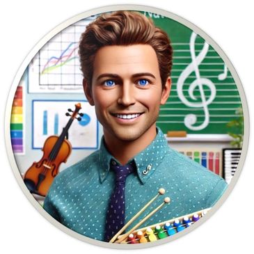A cheerful music teacher stands in a colorful classroom filled with instruments and musical notes.