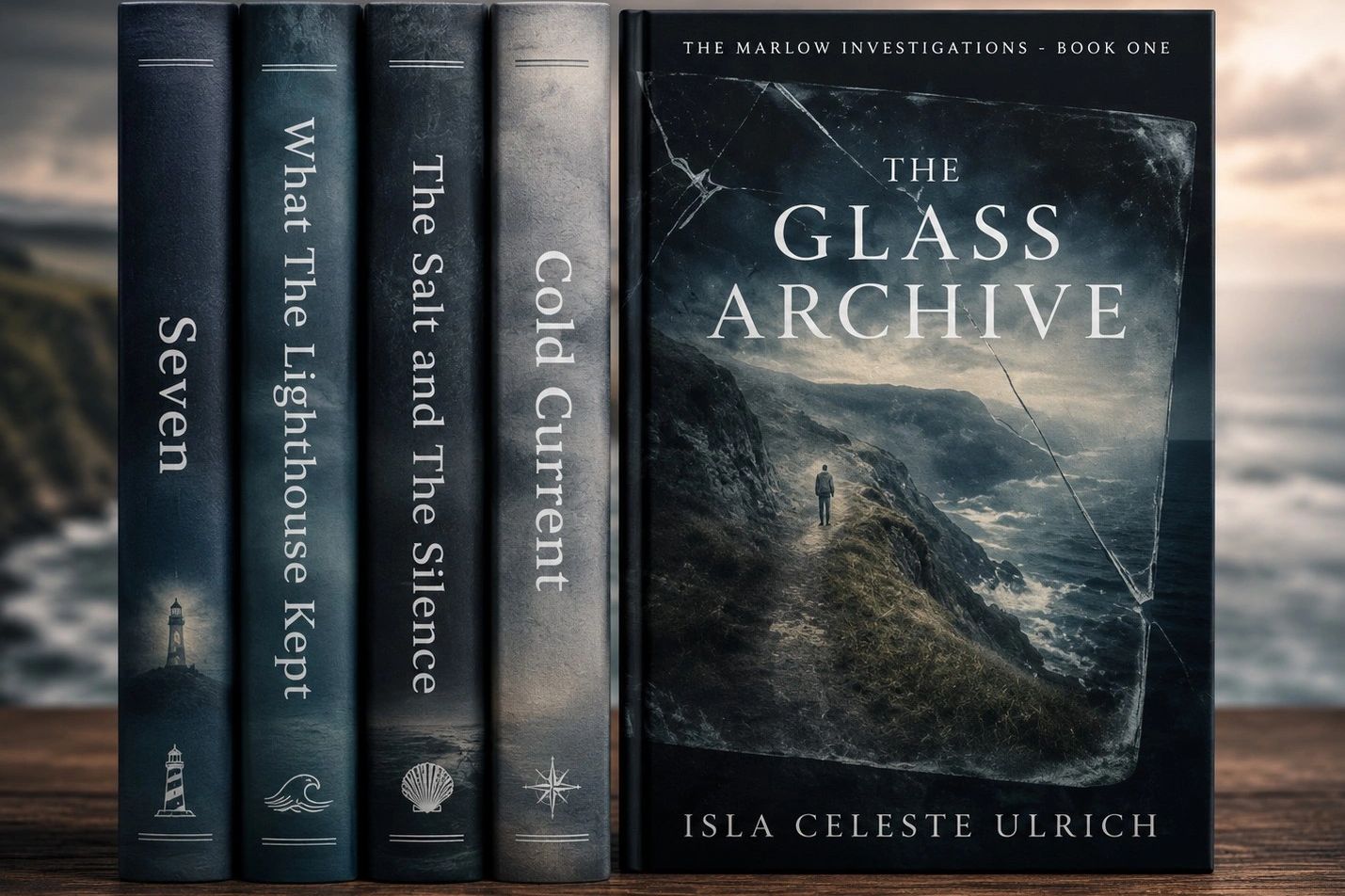 A collection of atmospheric books with coastal themes by Isla Celeste Ulrich.