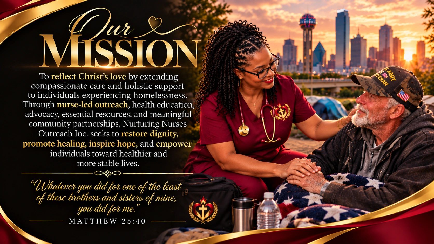 Nurse providing compassionate care to a homeless veteran at sunset.