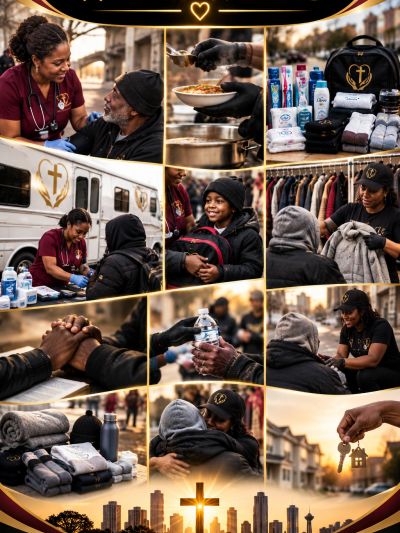 Collage showing community outreach and support with food, clothing, and care.