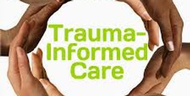 Diverse hands forming a circle around 'Trauma-Informed Care' text.