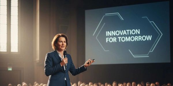 Woman giving a presentation on innovation to a seated audience.