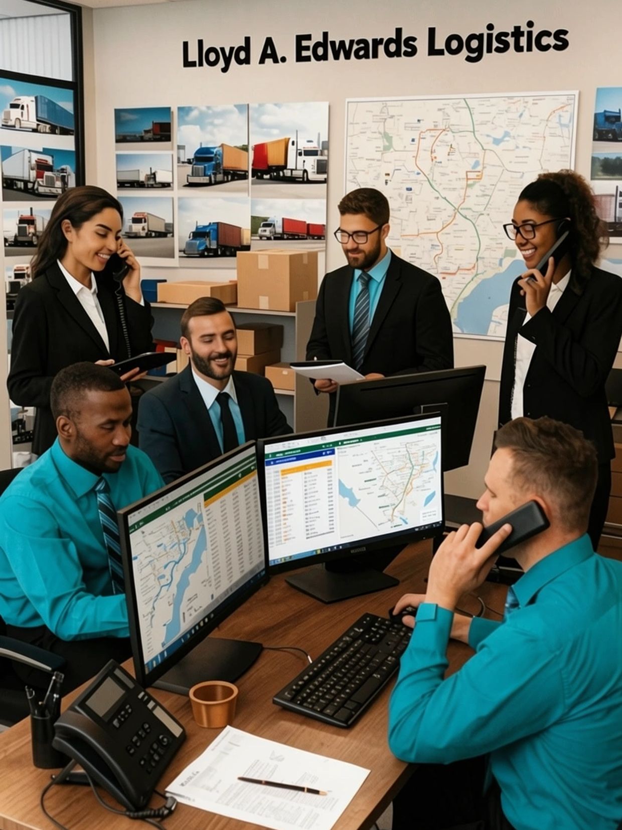 Team of logistics professionals working together at Lloyd A. Edwards Logistics office.