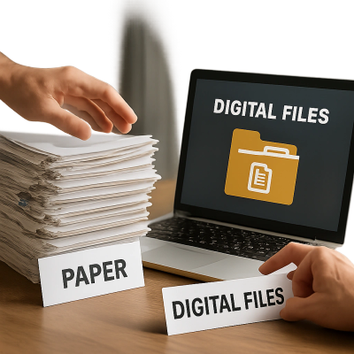 Comparing paper documents with digital files on a laptop.