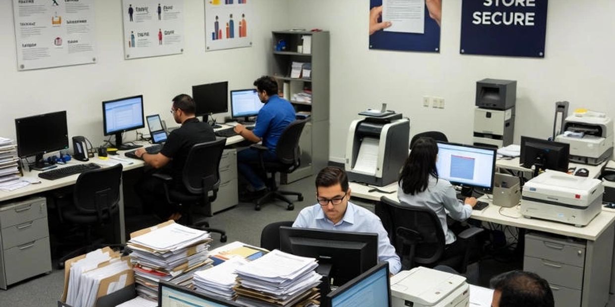 Office workers focus on computers amid piles of paperwork and efficiency posters.