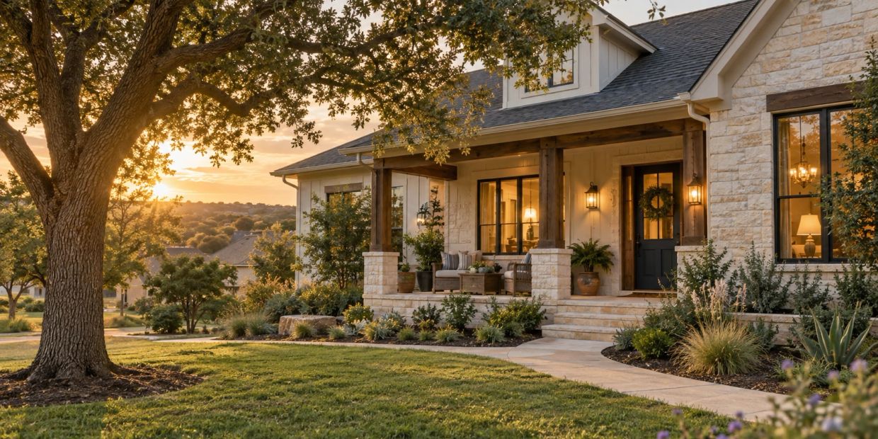 Sunset view of a cozy front porch and garden.