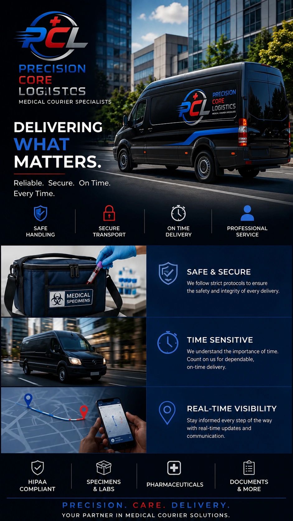 Medical courier service emphasizing safe, secure, and on-time delivery.