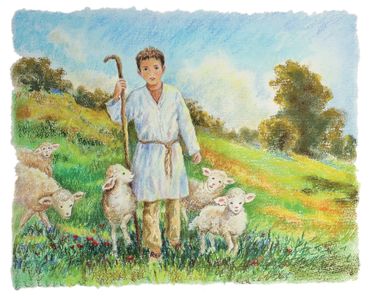 A young shepherd holding a wooden staff stands in a grassy field with several lambs.
