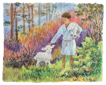 A person in a light blue tunic stands in a meadow, holding one white lamb and petting another.