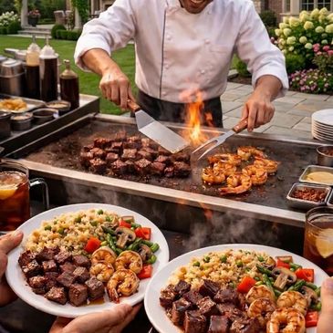 Chef grilling shrimp and steak with plated meals ready to serve.