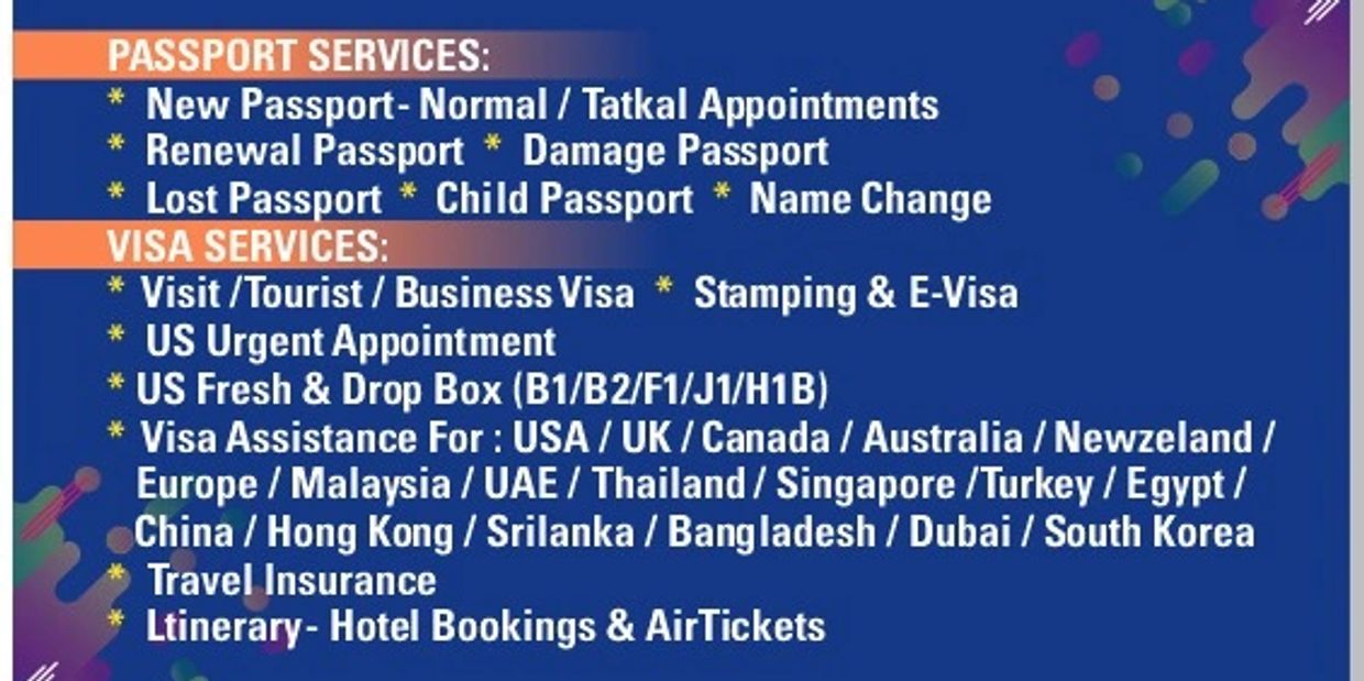 List of passport and visa services including appointments, renewals, visa assistance, and travel insurance.