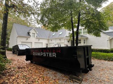 Black dumpster with 'Blackwater Dumpster' sign in front of a white house and a futuristic car.
