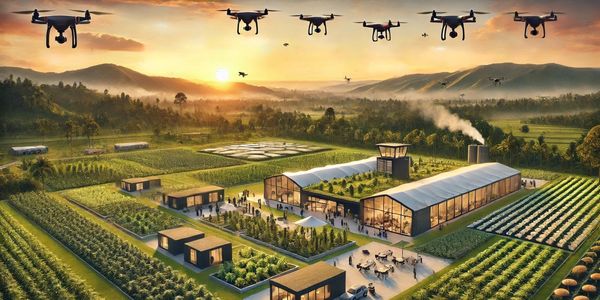 Drones flying over a futuristic farm at sunset.