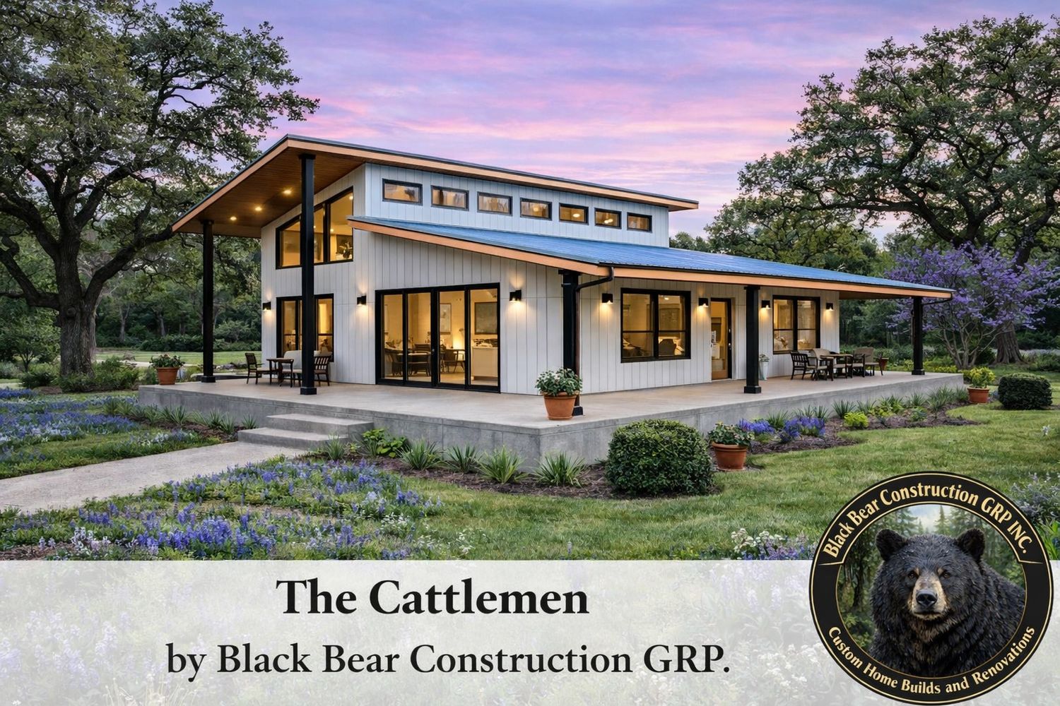 Modern farmhouse with wrap-around porch and scenic landscaping at sunset.