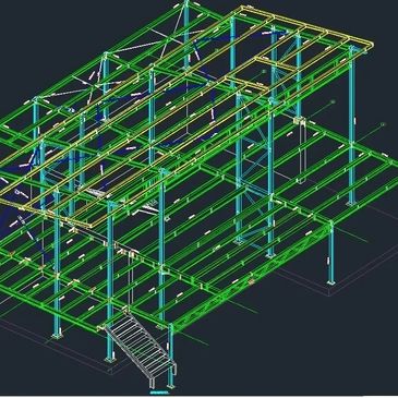 3D structural steel framework of a building with stairs and beams.