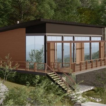 Modern cabin with large glass windows surrounded by greenery.