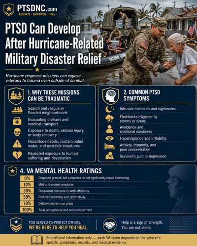 Infographic explaining PTSD risks and symptoms after hurricane-related military disaster relief missions.
