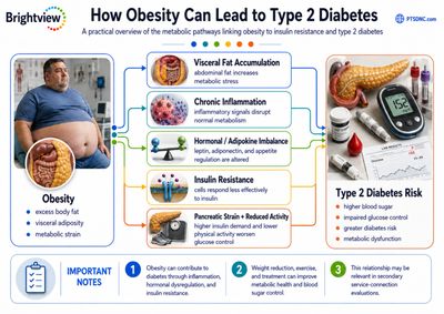 Infographic explaining how obesity leads to type 2 diabetes through metabolic stress and insulin resistance.