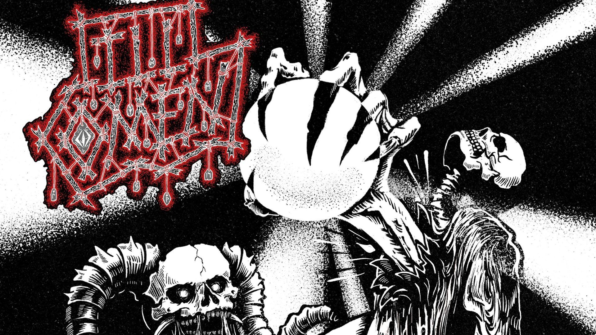 Black and white illustration of skulls with horns and a claw holding a glowing orb.