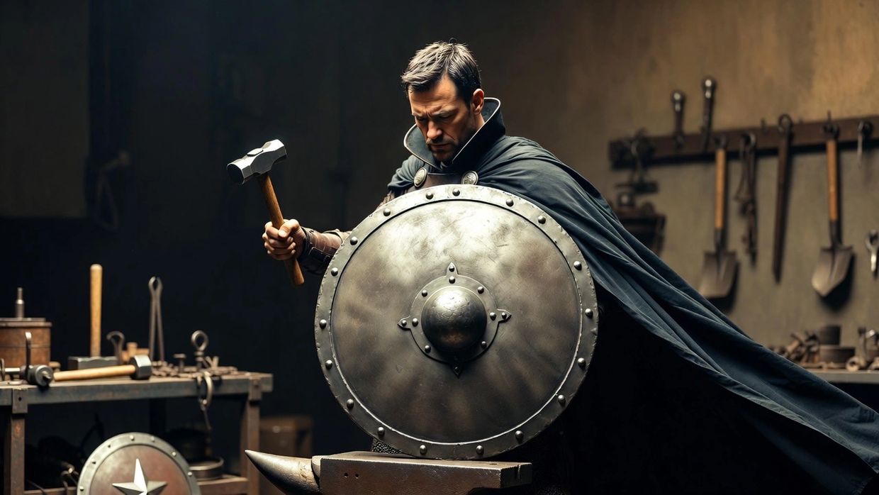 Caped hero with a shield and hammer