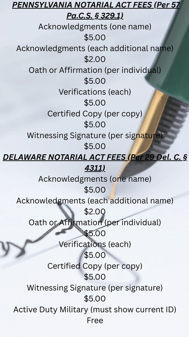 Pennsylvania and Delaware notarial fees listed with specific charges for various services.