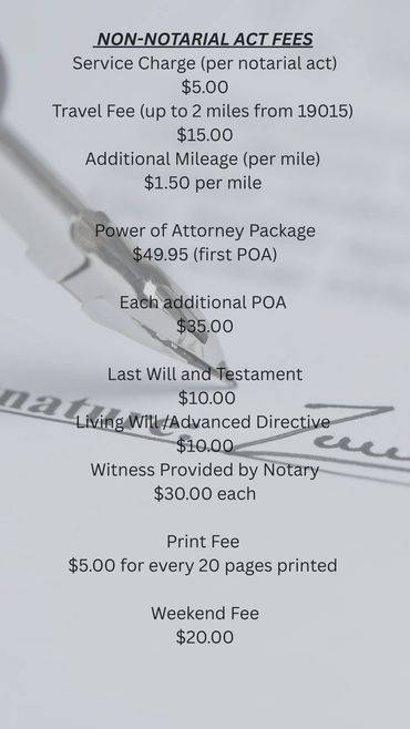 List of non-notarial act fees including service, travel, and document charges.