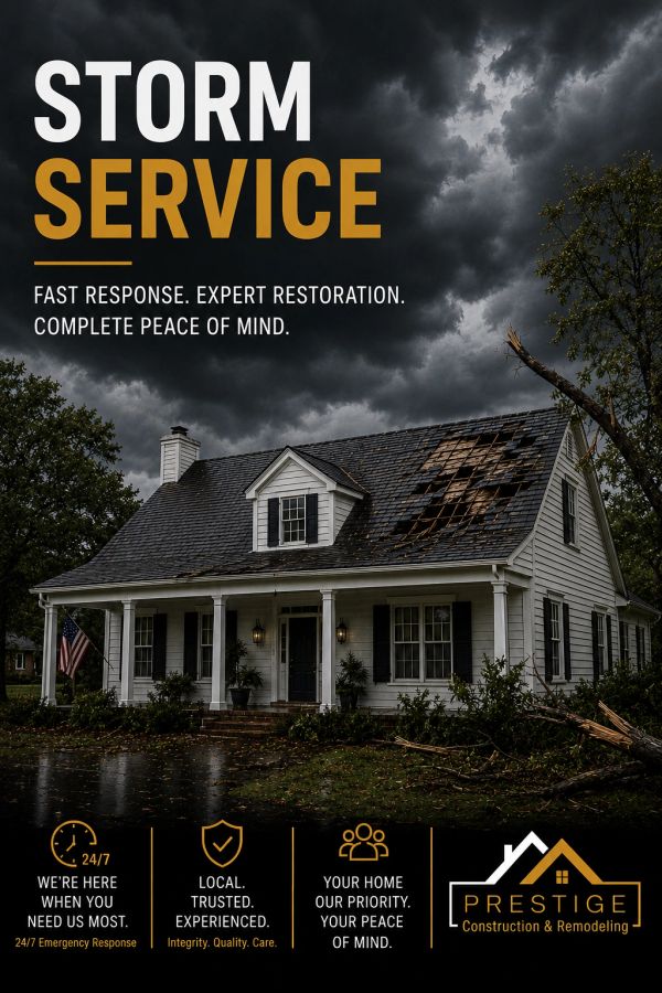 Storm restoration service ad with damaged roof and dark sky.